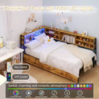 Divano letto angolare Okak Twin/Full per bambini con libreria e luce LED, letto a piattaforma moderno con libreria, non è necessaria la rete a molle