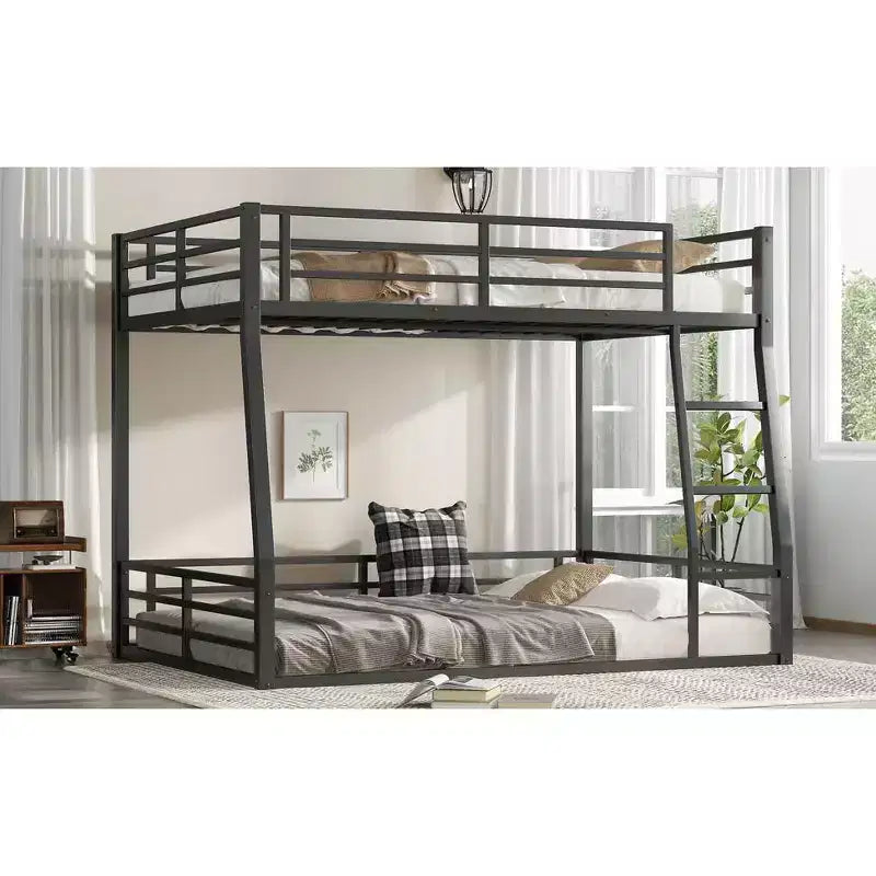 Bellemave Letto a castello in metallo Full XL sopra Queen per adulti e ragazzi, struttura salvaspazio per impieghi gravosi, sponde di protezione, silenzioso, senza rete, nero