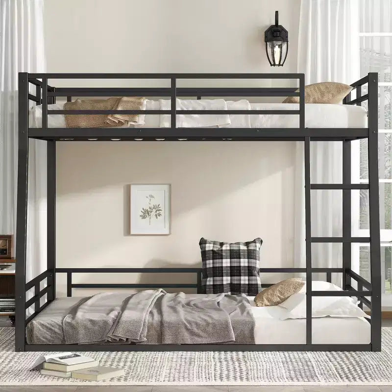 Bellemave Letto a castello in metallo Full XL sopra Queen per adulti e ragazzi, struttura salvaspazio per impieghi gravosi, sponde di protezione, silenzioso, senza rete, nero