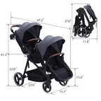 Passeggino doppio pieghevole per neonati e bambini con sedile reversibile, imbracatura di sicurezza a cinque punti, schienale regolabile e cestino portaoggetti con capottina