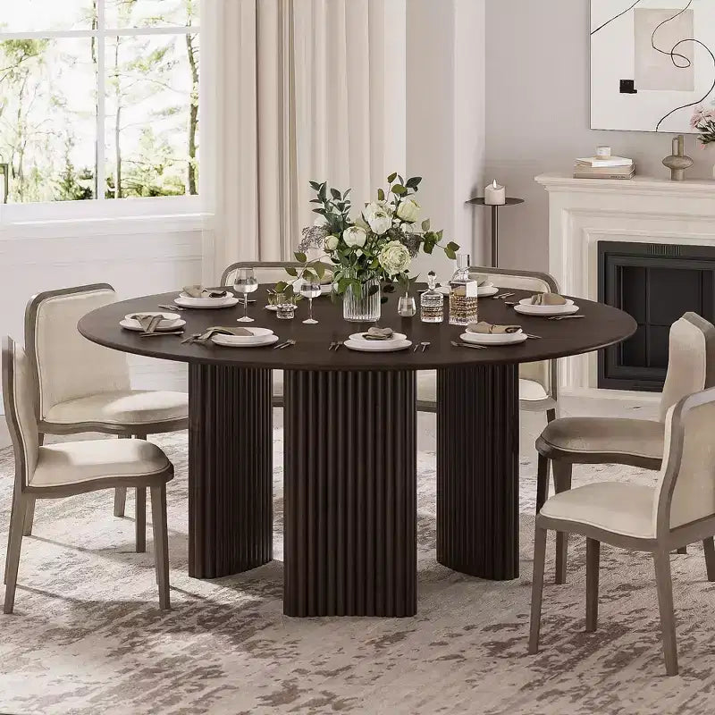 PexFix 60 Tavolo da Pranzo Rotondo Moderno con Gambe a Colonna a Strisce, Tavolo da Cucina in Legno Massello con Cuscinetti Antigraffio per Sala da Pranzo e Bar in Cucina, Noce