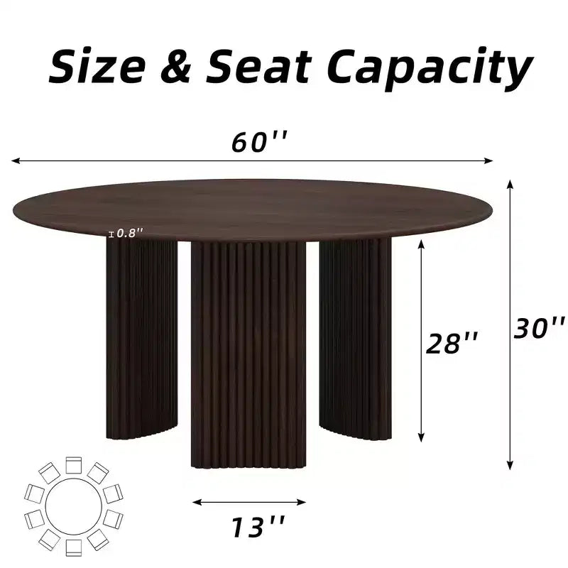 PexFix 60 Tavolo da Pranzo Rotondo Moderno con Gambe a Colonna a Strisce, Tavolo da Cucina in Legno Massello con Cuscinetti Antigraffio per Sala da Pranzo e Bar in Cucina, Noce