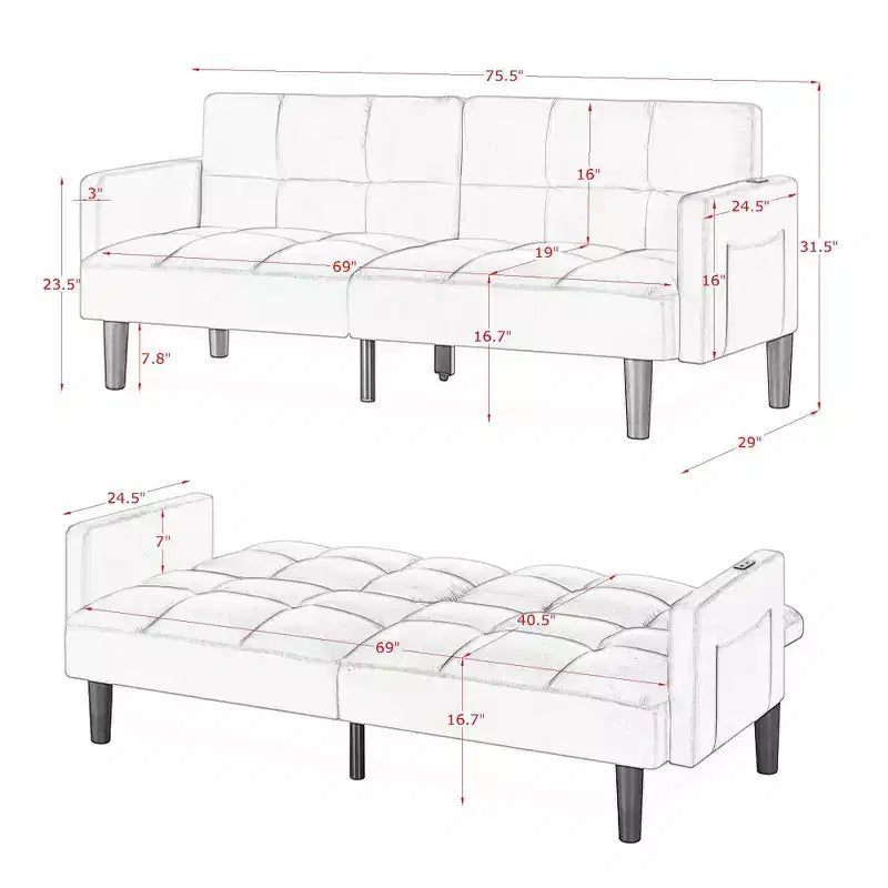 MAYEERTY Divano Futon in Velluto Convertibile Pieghevole a Tre Posti Divano Letto Trapuntato per Appartamento Nero