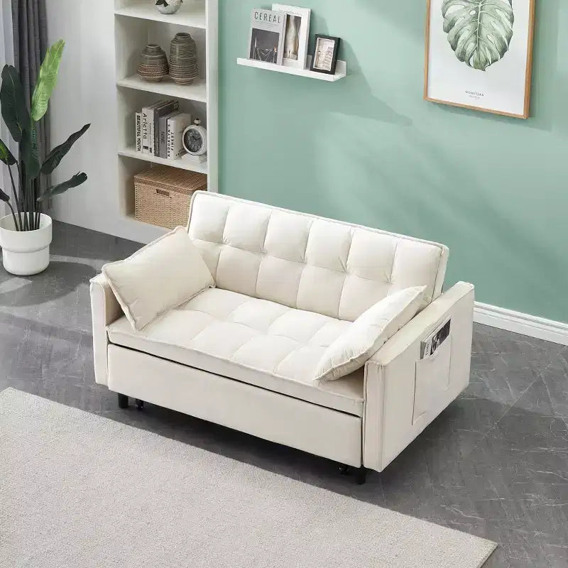 MAYEERTY Divano Moderno in Velluto a Due Posti, Divano Letto Estraibile con Cuscini Decorativi e Tasche per Soggiorno Camera da Letto, Beige