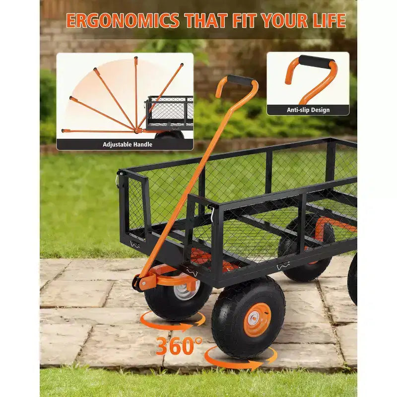 Carrello in acciaio per impieghi gravosi con maniglia girevole a 180° versatile, sponde rimovibili e ruote da 10 pollici per l'uso in cucina o in giardino