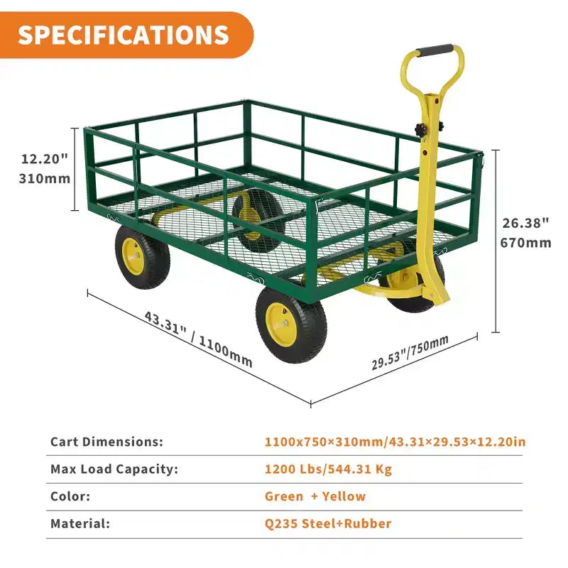 Carrello in acciaio per impieghi gravosi con maniglia girevole a 180° versatile, sponde rimovibili e ruote da 10 pollici per l'uso in cucina o in giardino
