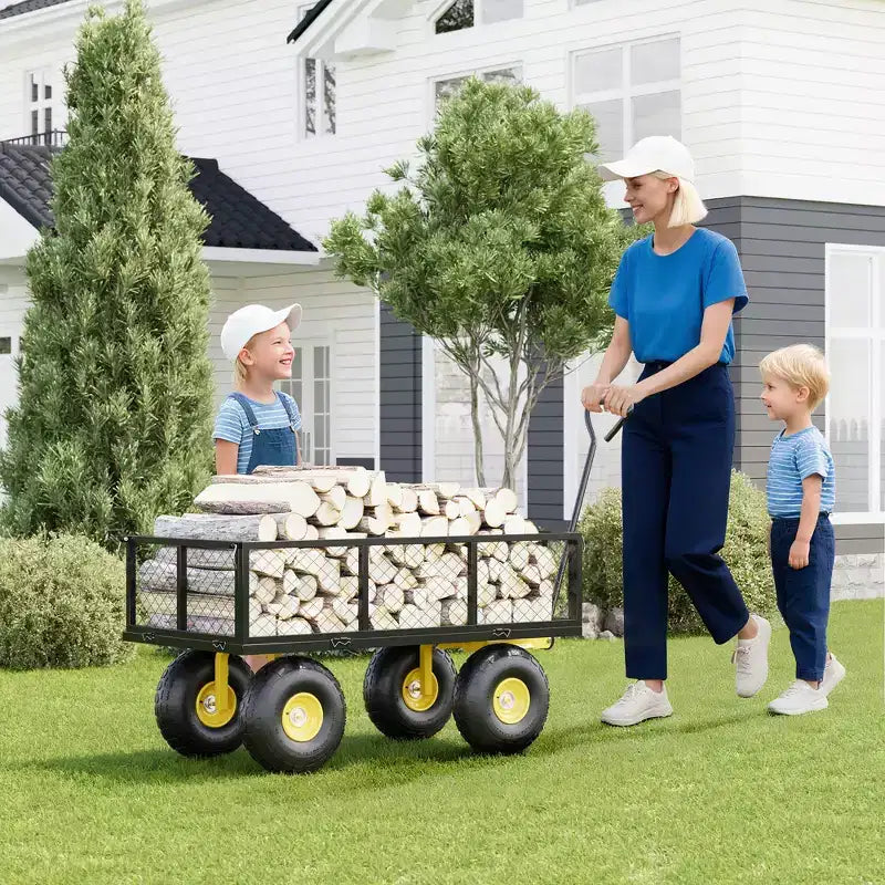 Carrello in acciaio per impieghi gravosi con maniglia girevole a 180° versatile, sponde rimovibili e ruote da 10 pollici per l'uso in cucina o in giardino
