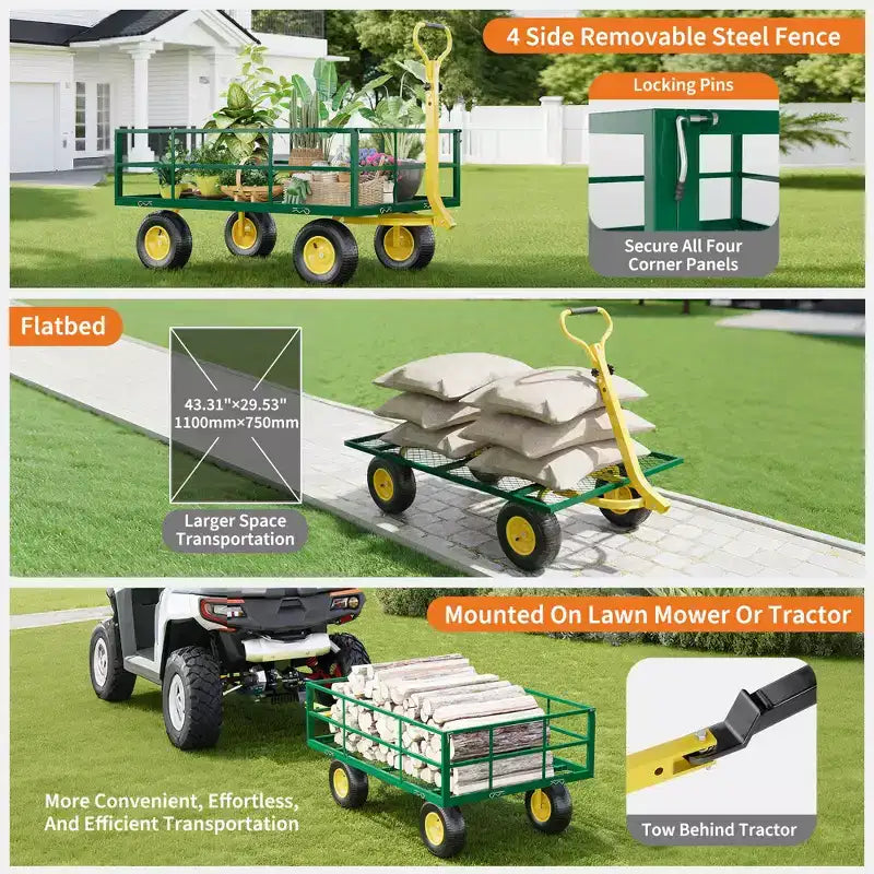 Carrello in acciaio per impieghi gravosi con maniglia girevole a 180° versatile, sponde rimovibili e ruote da 10 pollici per l'uso in cucina o in giardino