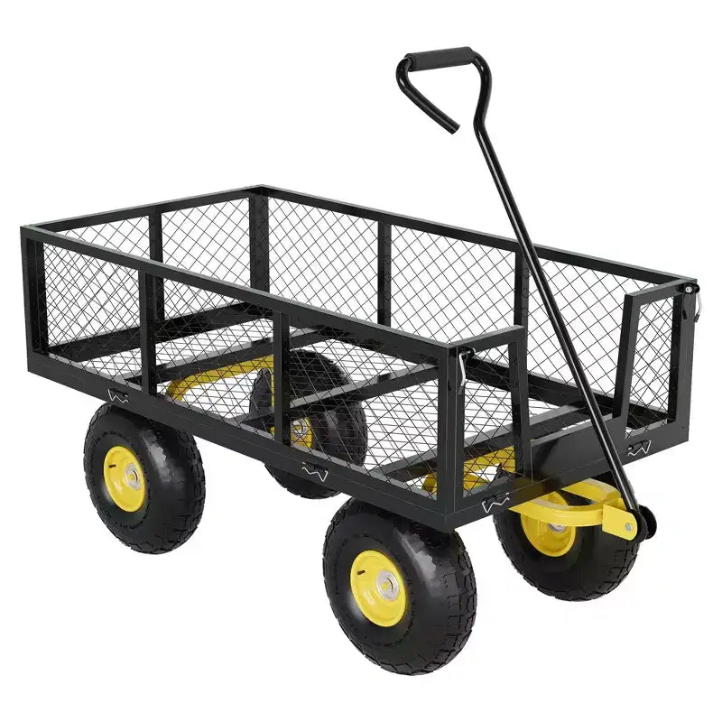 Carrello in acciaio per impieghi gravosi con maniglia girevole a 180° versatile, sponde rimovibili e ruote da 10 pollici per l'uso in cucina o in giardino