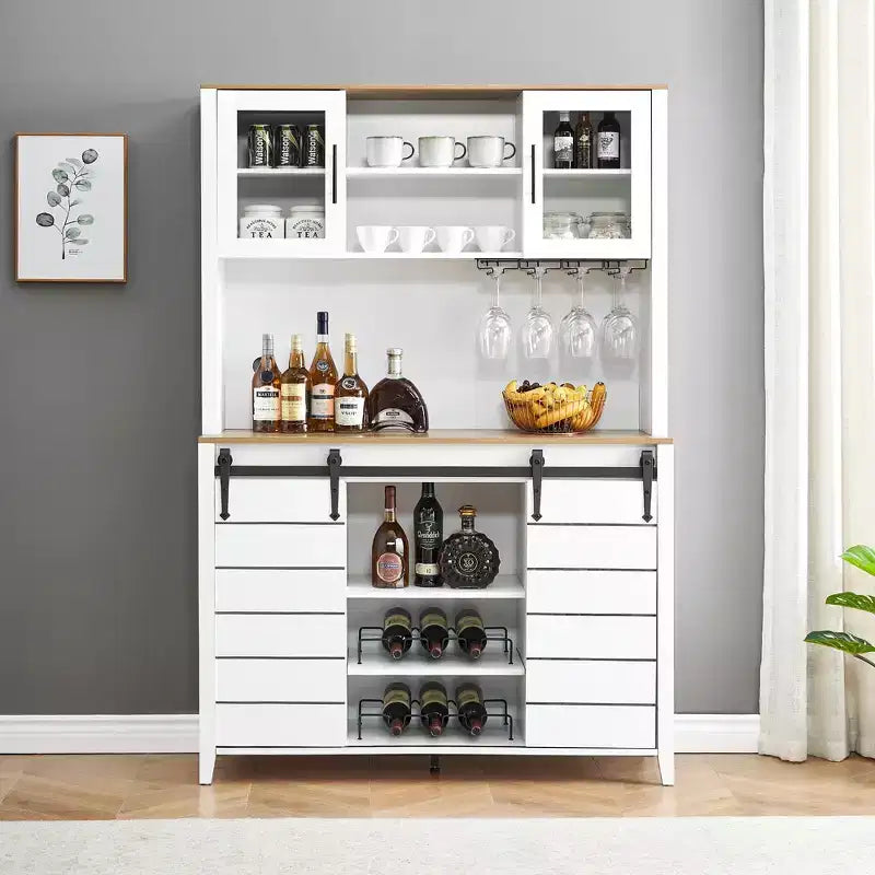 Mobile Bar in Stile Rustico da 70 Pollici con Ante Scorrevoli a Stalla e Vano Contenitore, Credenza Alta da Cucina con Porta-Vino e Bicchieri, Dispensa per Sala da Pranzo