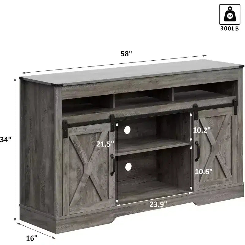 Heynemo Mobile TV Rustico con anta scorrevole a granaio per TV fino a 65+ pollici, mobile TV alto 86 cm, console in legno con ante per riporre oggetti