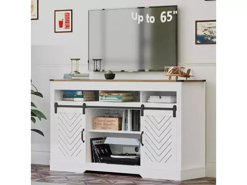Heynemo Mobile TV Rustico con anta scorrevole a granaio per TV fino a 65+ pollici, mobile TV alto 86 cm, console in legno con ante per riporre oggetti