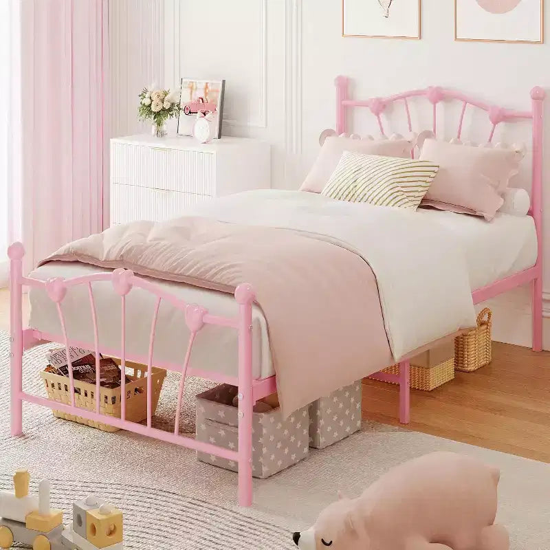 Struttura Letto a Piattaforma in Metallo Misura Singola con Testiera e Pediera, Robusto Supporto a Doghe, 28,5 cm di Spazio Contenitore Sotto il Letto, Nessuna Rete a Molle Richiesta
