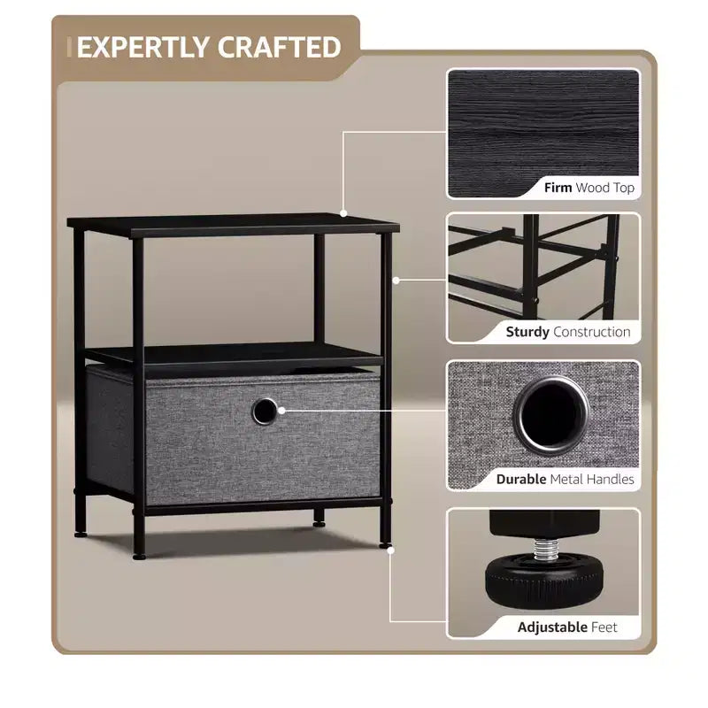 Sorbus Comodino a 1 cassetto con ripiano - Struttura in acciaio, piano in legno e contenitori in tessuto facili da estrarre - Perfetto per casa, camera da letto, ufficio e dormitorio universitario