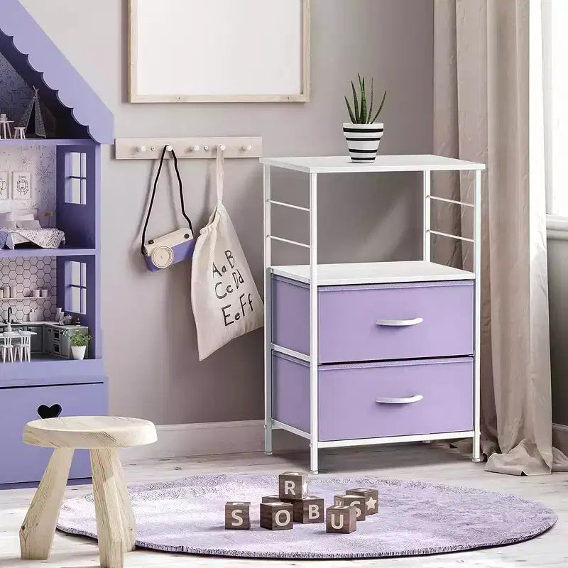 Comodino Sorbus a 2 cassetti con mensola - Struttura in acciaio, piano in legno e contenitori in tessuto facili da estrarre - Perfetto per casa, camera da letto, ufficio e altro ancora