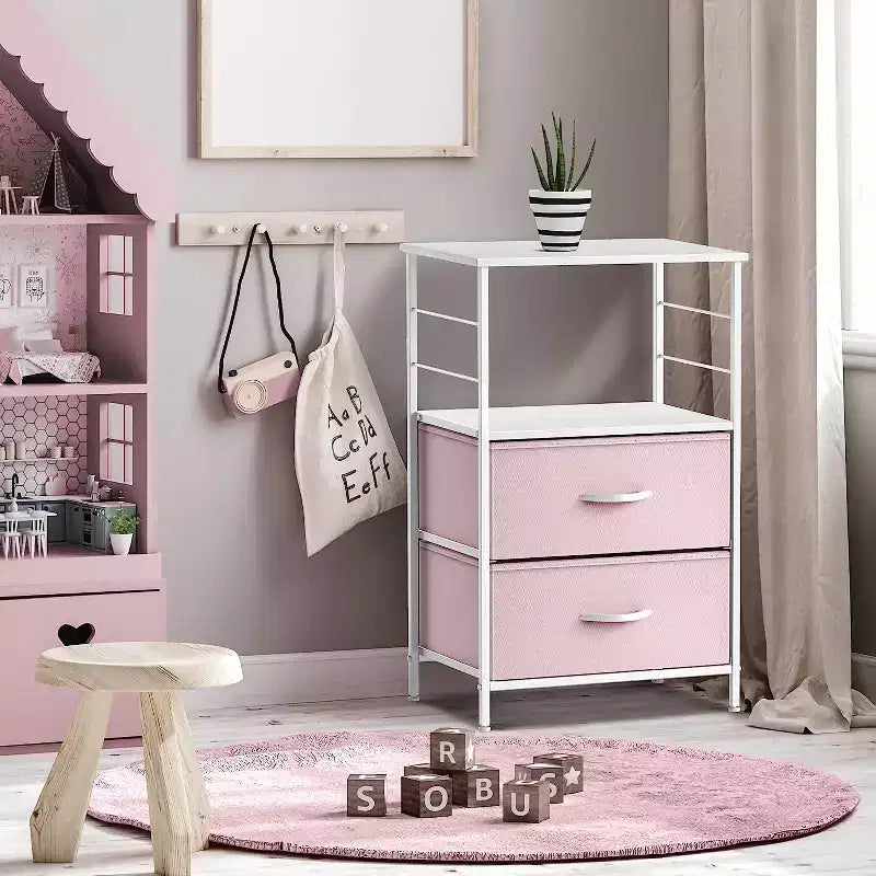 Comodino Sorbus a 2 cassetti con mensola - Struttura in acciaio, piano in legno e contenitori in tessuto facili da estrarre - Perfetto per casa, camera da letto, ufficio e altro ancora