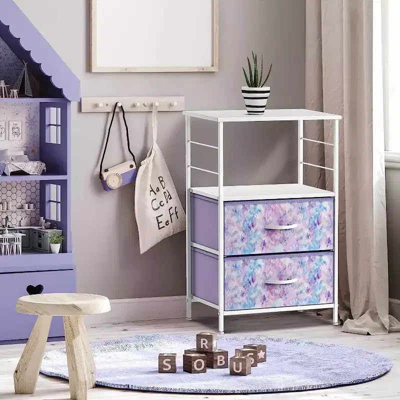 Comodino Sorbus a 2 cassetti con mensola - Struttura in acciaio, piano in legno e contenitori in tessuto facili da estrarre - Perfetto per casa, camera da letto, ufficio e altro ancora