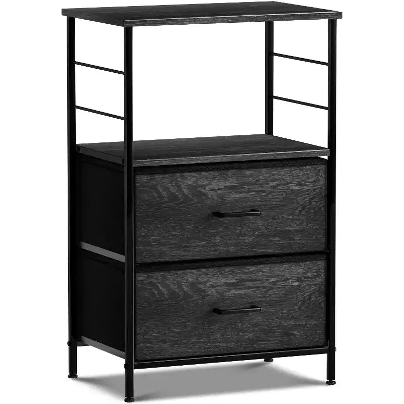 Comodino Sorbus a 2 cassetti con mensola - Struttura in acciaio, piano in legno e contenitori in tessuto facili da estrarre - Perfetto per casa, camera da letto, ufficio e altro ancora