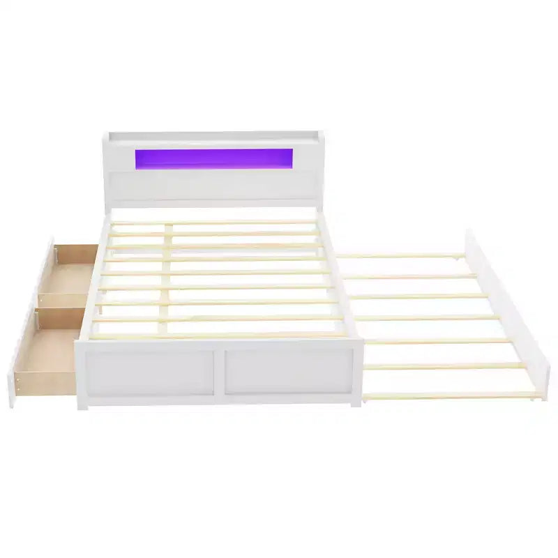 Letto a piattaforma Queen Size con letto estraibile, letto a piattaforma in legno con 2 cassetti portaoggetti e luce a LED