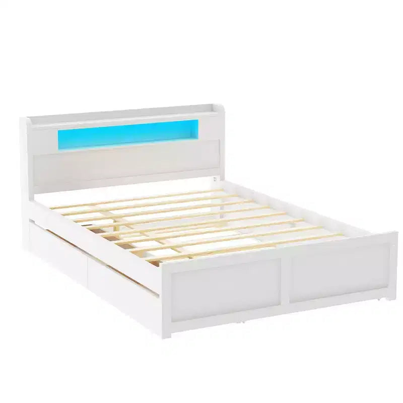 Letto a piattaforma Queen Size con letto estraibile, letto a piattaforma in legno con 2 cassetti portaoggetti e luce a LED