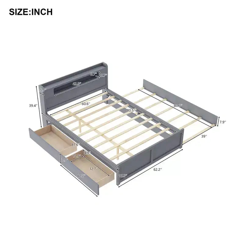 Letto a piattaforma Queen Size con letto estraibile, letto a piattaforma in legno con 2 cassetti portaoggetti e luce a LED