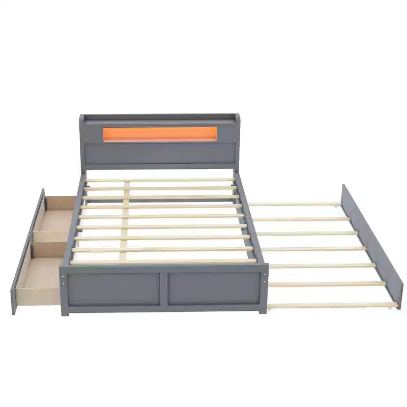 Letto a piattaforma Queen Size con letto estraibile, letto a piattaforma in legno con 2 cassetti portaoggetti e luce a LED