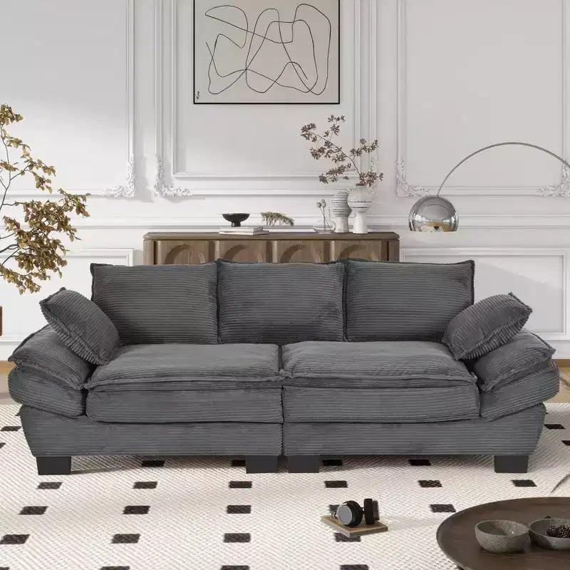 Divano in tessuto a coste curvato moderno Clihome 85.4, divano con schienale imbottito con 2 cuscini decorativi