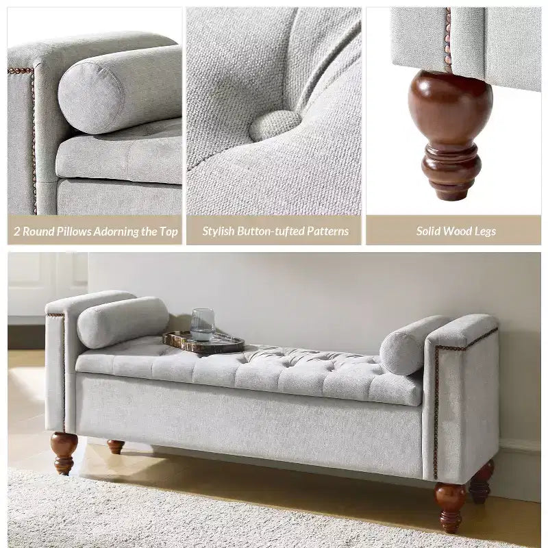 Panca contenitore Antonia con due cuscini circolari e gambe in legno massiccio|ART OF LIVING DESIGNS