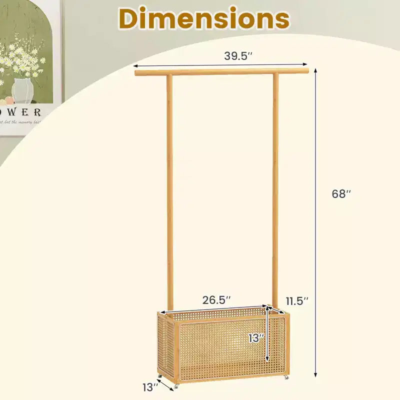 Costway Appendiabiti in Bambù con Cesto Portaoggetti in Rattan e Ruote, Appendiabiti Mobile Marrone/Beige