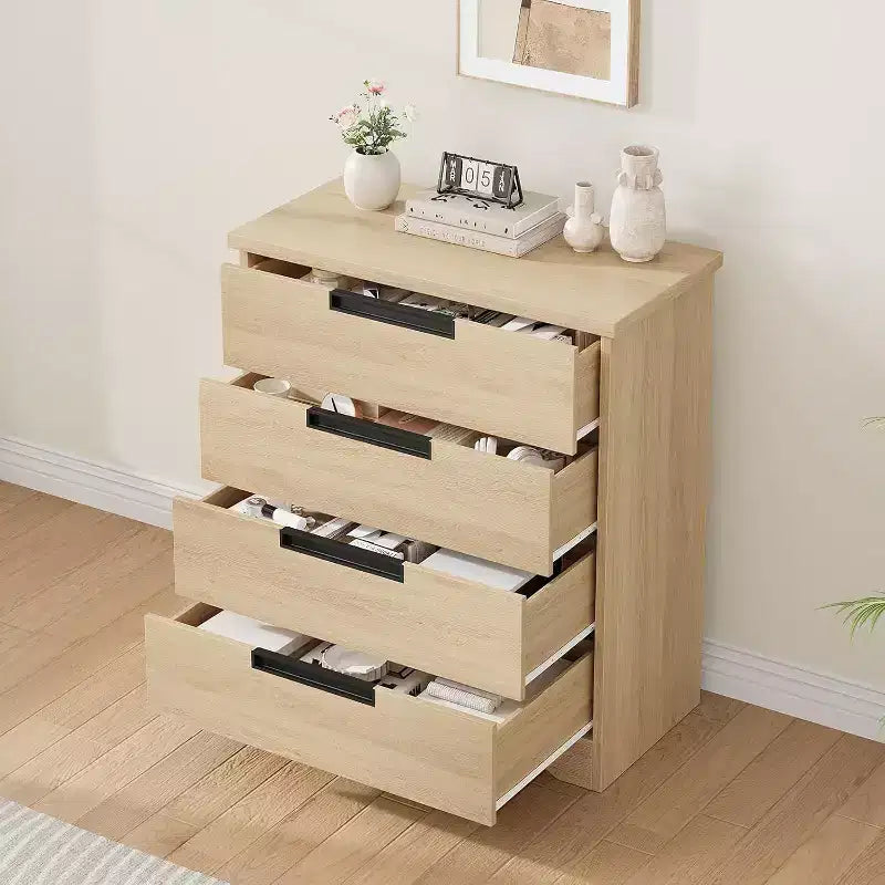 Cassettiera a quattro cassetti con maniglia integrata, mobiletto in legno, salvaspazio, adatto per soggiorni e corridoi.