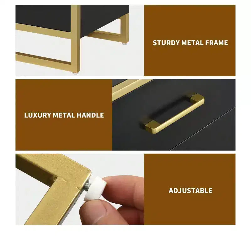 Comodino moderno con 2 cassetti, piccolo comodino in legno con contenitore, comodino moderno con struttura in metallo per piccoli spazi