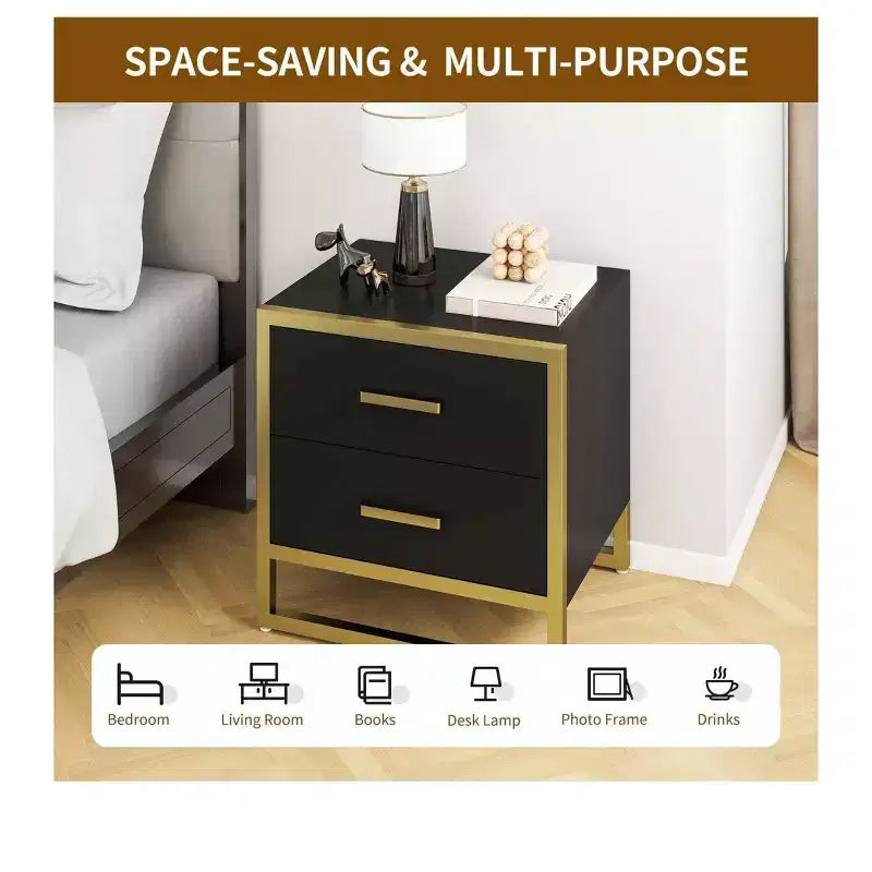 Comodino moderno con 2 cassetti, piccolo comodino in legno con contenitore, comodino moderno con struttura in metallo per piccoli spazi