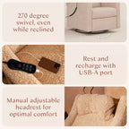 Babyletto Kiwi Deluxe Poltrona reclinabile elettrica e girevole con funzione dondolo, riscaldamento e massaggio
