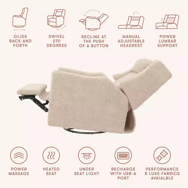 Babyletto Kiwi Deluxe Poltrona reclinabile elettrica e girevole con funzione dondolo, riscaldamento e massaggio