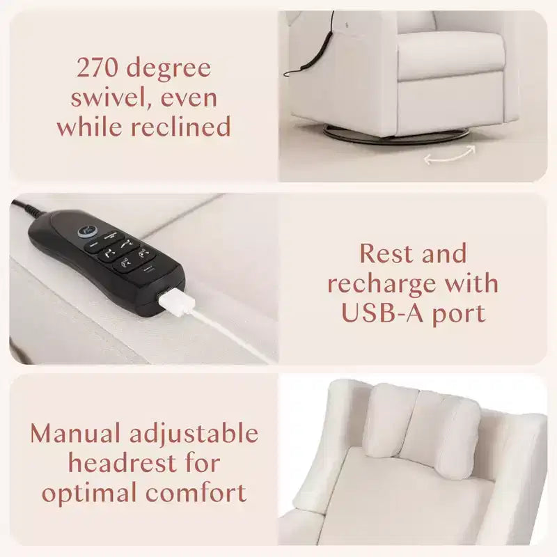 Babyletto Kiwi Deluxe Poltrona reclinabile elettrica e girevole con funzione dondolo, riscaldamento e massaggio
