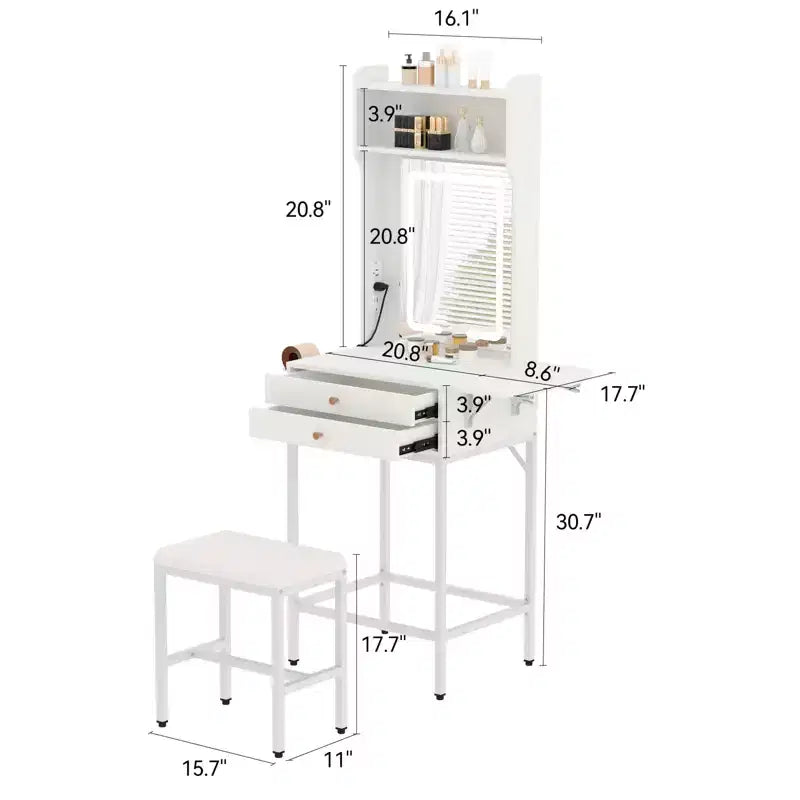 COZONY Piccola toeletta per trucco con specchio, Mini tavolo da trucco illuminato regolabile con supporto per asciugacapelli, 2 cassetti e pannello pieghevole per camere da letto