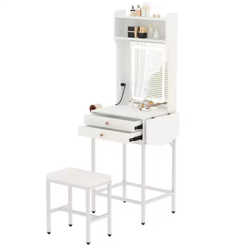 COZONY Piccola toeletta per trucco con specchio, Mini tavolo da trucco illuminato regolabile con supporto per asciugacapelli, 2 cassetti e pannello pieghevole per camere da letto