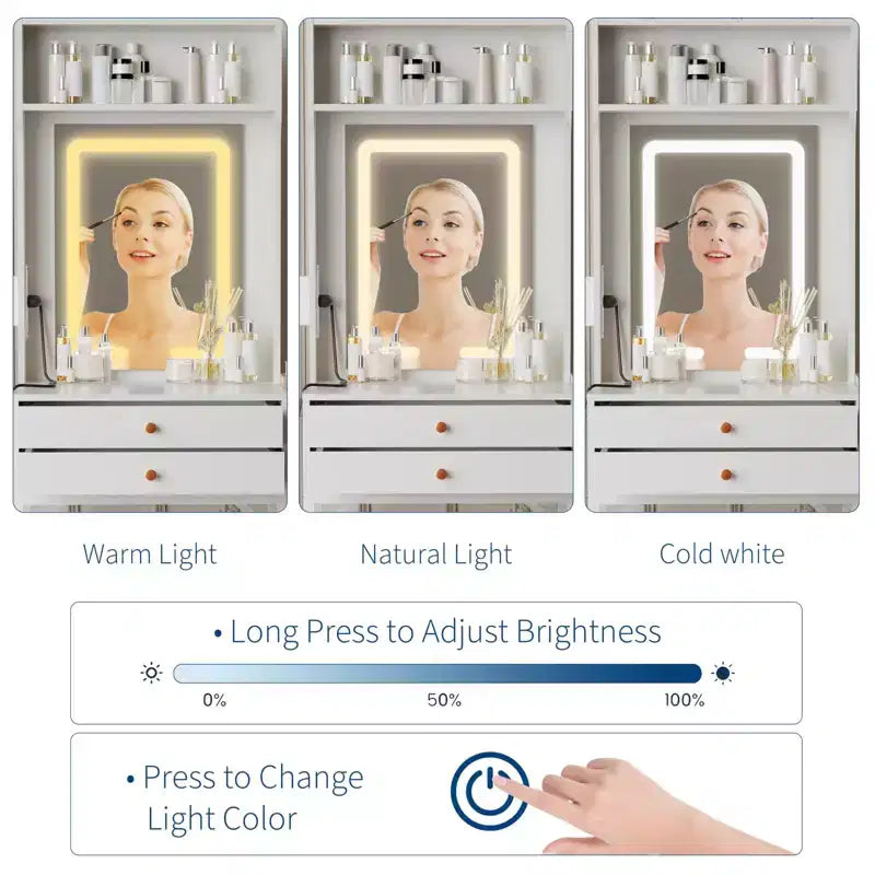 COZONY Piccola toeletta per trucco con specchio, Mini tavolo da trucco illuminato regolabile con supporto per asciugacapelli, 2 cassetti e pannello pieghevole per camere da letto