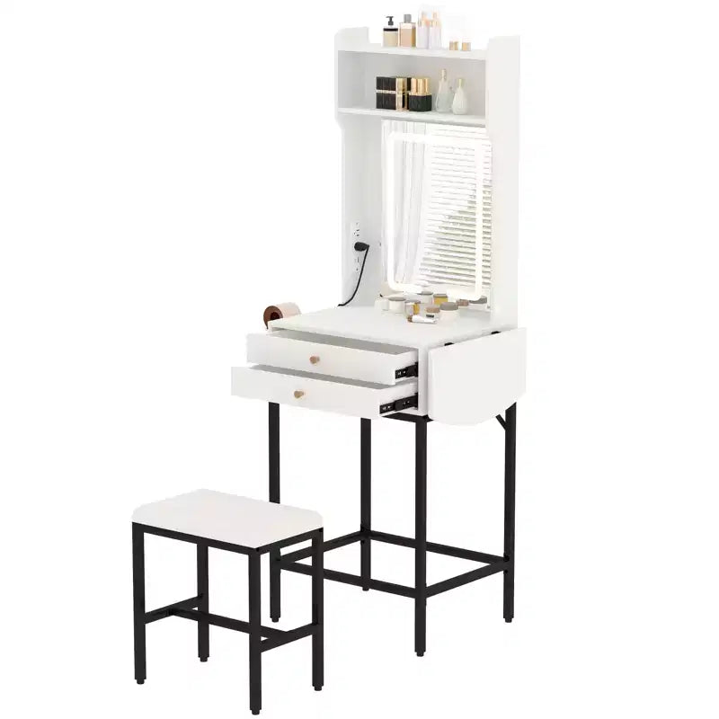 COZONY Piccola toeletta per trucco con specchio, Mini tavolo da trucco illuminato regolabile con supporto per asciugacapelli, 2 cassetti e pannello pieghevole per camere da letto