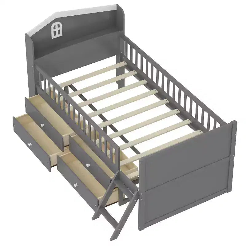 Letto a soppalco basso per ragazzi Twin Size con 4 cassetti contenitori, letto a soppalco in legno con sponde, testiera e scaletta, letto a piattaforma singolo per bambini
