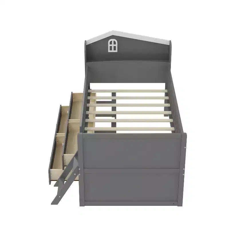 Letto a soppalco basso per ragazzi Twin Size con 4 cassetti contenitori, letto a soppalco in legno con sponde, testiera e scaletta, letto a piattaforma singolo per bambini