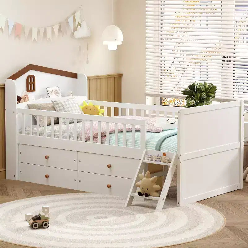 Letto a soppalco basso per ragazzi Twin Size con 4 cassetti contenitori, letto a soppalco in legno con sponde, testiera e scaletta, letto a piattaforma singolo per bambini