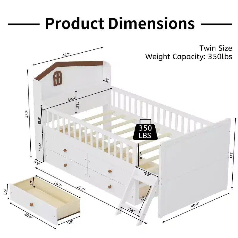 Letto a soppalco basso per ragazzi Twin Size con 4 cassetti contenitori, letto a soppalco in legno con sponde, testiera e scaletta, letto a piattaforma singolo per bambini