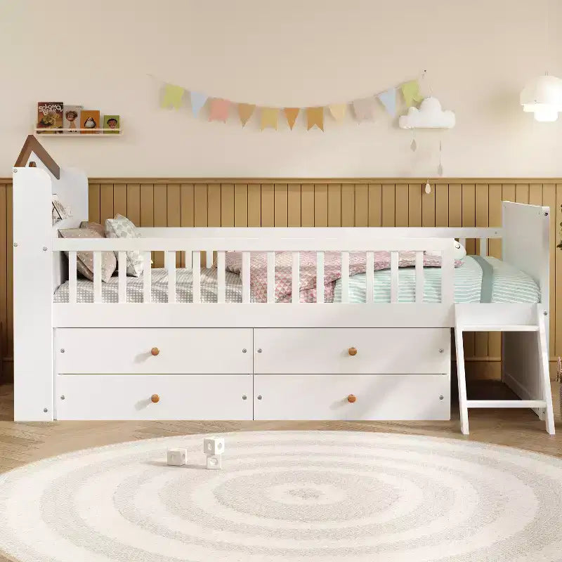 Letto a soppalco basso per ragazzi Twin Size con 4 cassetti contenitori, letto a soppalco in legno con sponde, testiera e scaletta, letto a piattaforma singolo per bambini