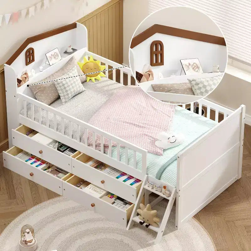 Letto a soppalco basso per ragazzi Twin Size con 4 cassetti contenitori, letto a soppalco in legno con sponde, testiera e scaletta, letto a piattaforma singolo per bambini
