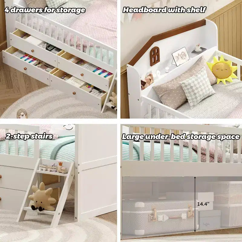 Letto a soppalco basso per ragazzi Twin Size con 4 cassetti contenitori, letto a soppalco in legno con sponde, testiera e scaletta, letto a piattaforma singolo per bambini
