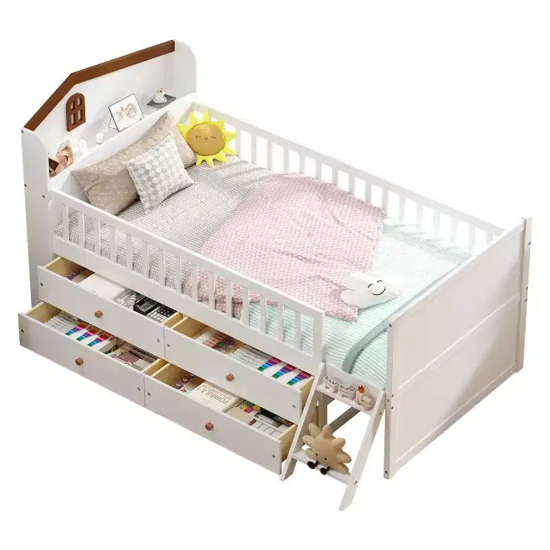 Letto a soppalco basso per ragazzi Twin Size con 4 cassetti contenitori, letto a soppalco in legno con sponde, testiera e scaletta, letto a piattaforma singolo per bambini