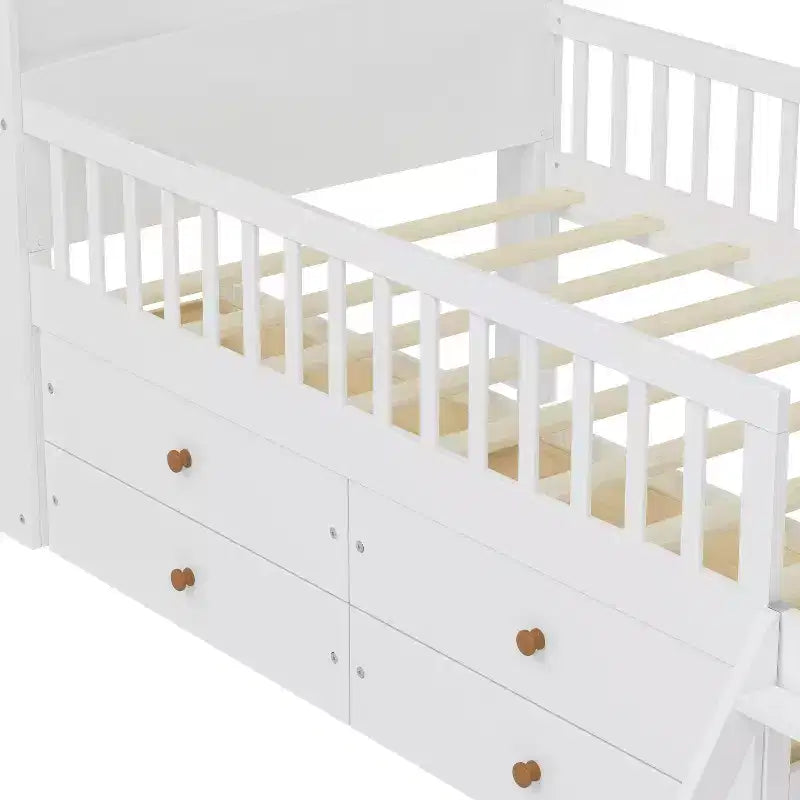 Letto a soppalco basso per ragazzi Twin Size con 4 cassetti contenitori, letto a soppalco in legno con sponde, testiera e scaletta, letto a piattaforma singolo per bambini