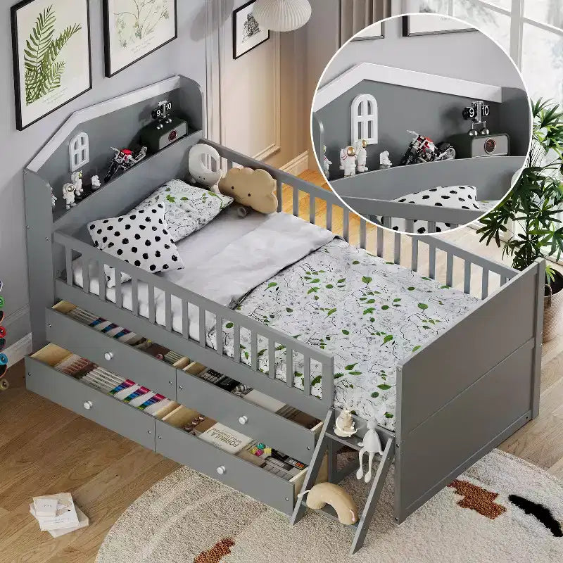 Letto a soppalco basso per ragazzi Twin Size con 4 cassetti contenitori, letto a soppalco in legno con sponde, testiera e scaletta, letto a piattaforma singolo per bambini