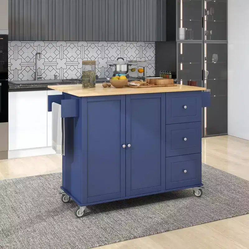 Carrello da Cucina Okak con Piano in Legno e Ruote Bloccabili, Isola da Cucina con Ribalta, Portaspezie e Portasciugamani, Organizer da Banco per la Cucina
